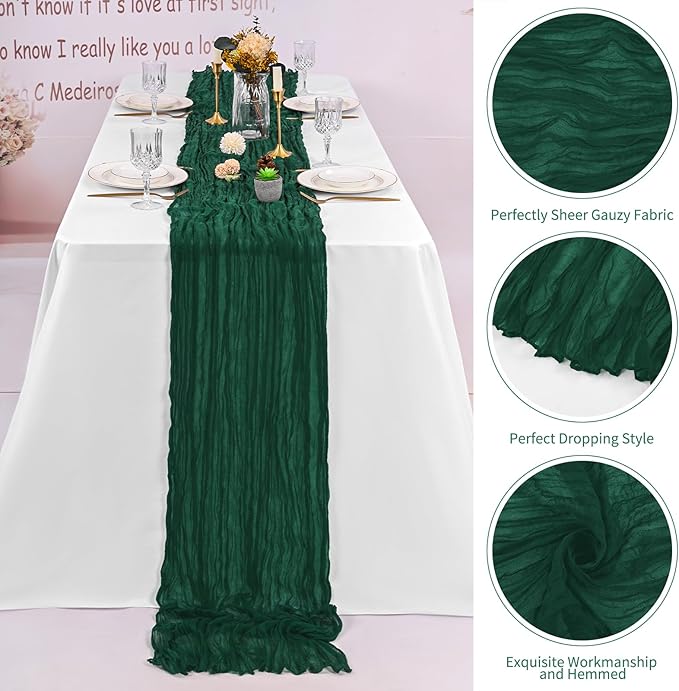 8 Pack Emerald Green Cheesecloth Table Runner 120 Inch 10FT Spring Boho Rustic Sheer Gauze Cheese Cloth Table Runner for Wedding Baby Shower Birthday Party Table Decor