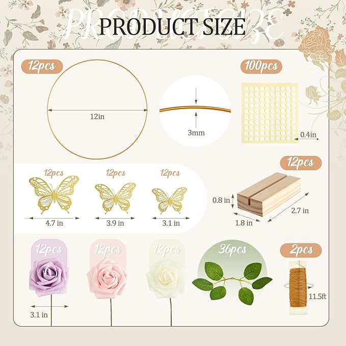 Vercraft 12 Set butterfly Metal Floral Hoop Table Centerpieces Include Metal Ring with Base 3D Butterfly Decoration, PE Foam Flower, Adhesive Dots, Gold Wires for DIY Wedding Baptism Party(Round)
