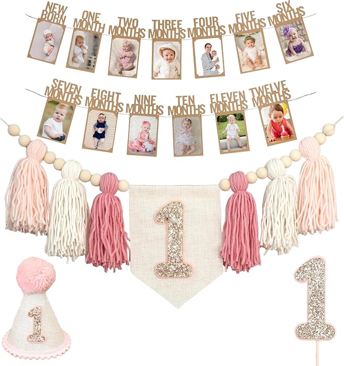 Handmade 1st Birthday High Chair Banner Birthday Decorations for Baby Boy with Garland Crown Hat Wild One Cake Topper Baby Photo Banner for Boy Wall Hangings Decorations
