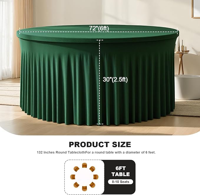 72 Inch Dark Green Round Tablecloth,Washable Stretchy Fitted Circular Table Cover with Elastic Edge for 6FT Round Table, Reusable Tablecloth for Wedding Banquet Party Birthday Buffet Dining
