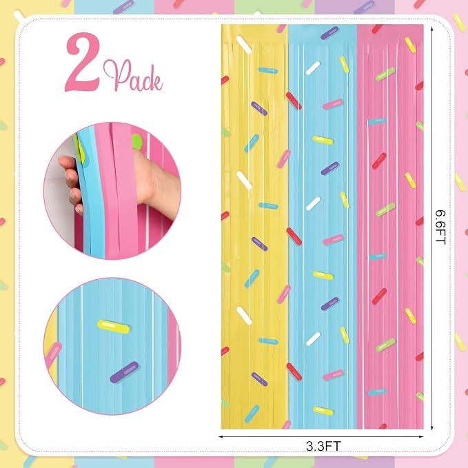 Blosssound 2 Packs Donut Party Decorations 3.3 x 6.6 ft Going Away Party Decorations Donut Sprinkle Foil Fringe Curtain Ice Cream Tinsel Streamers for Goodbye Birthday Baby Shower Sweet Shop Decor