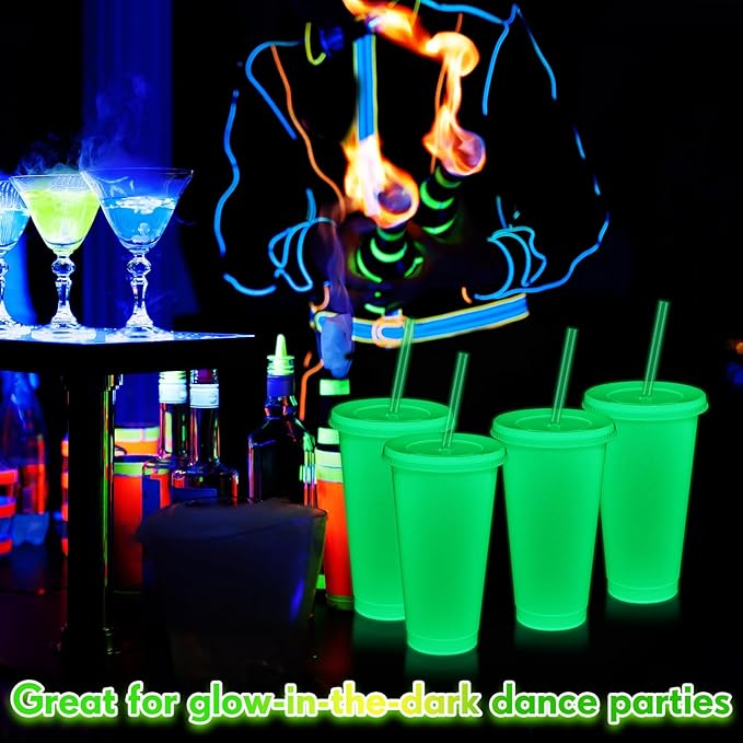 Honeydak 15 Pack 24 oz Glow in The Dark Cups Gift Bulk Light up Neon Plastic Tumbler with Straw and Lid Glow in The Dark Party Supplies Water Bottle Iced Coffee Mug Reusable(Fluorescent Green)