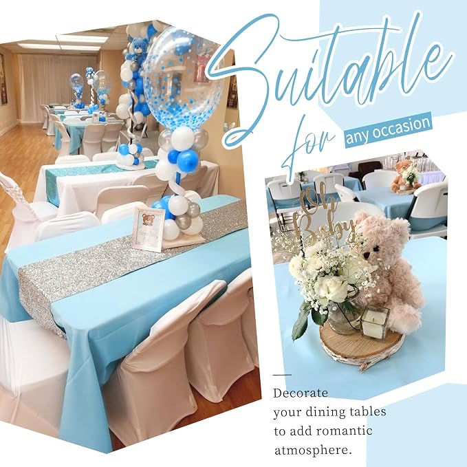 Showgeous 4 Pack Light Blue Tablecloths for 8 Foot Rectangle Tables 60 x 126 Inch, 8ft Rectangular Washable Polyester Table Cover for Wedding Party Banquet