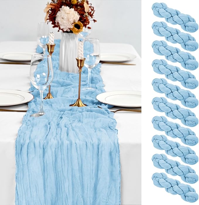 10 Pack Light Blue Table Runner 10Ft Cheesecloth Table Runner Boho Gauze Cheese Cloth Table Runners Romantic Long Sheer Fabric Table Runners for Wedding Party Bridal Shower