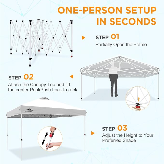 EAGLE PEAK Pop Up Canopy Tent with Wheeled Carry Bag, 8 Stakes, 4 Ropes, 4 Weight Bags, Easy Set Up Tent Canopy, 12x12 ft, 144sqft of Shade, White