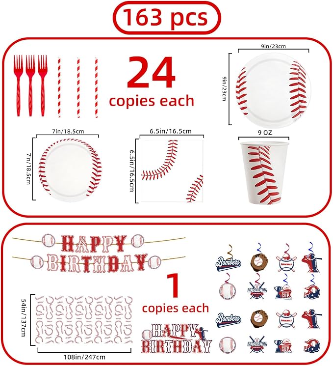 163pcs Baseball Party Supplies Set, Complete Decoration Kit with Plates, Napkins, Banner, Tablecloth, Cake Toppers for Birthday Party, Serves 24