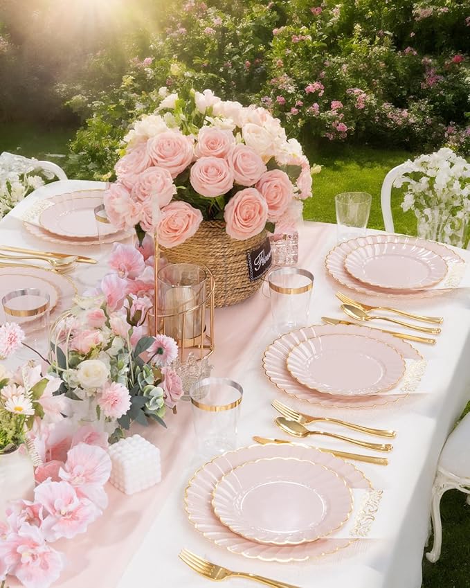 YOUBET 175PCS Pink Scalloped Plastic Plates - Gold Disposable Dinnerware Set Include 50 Plates, 75 Gold Silverware, 25 Cups, 25 Napkins for Party & Wedding & Baby Shower Mothers Day