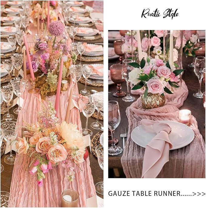 12 Pack Light Pink Cheesecloth Table Runners 35x120 Inch, Wide Pleated Boho Gauze Runner for Wedding Baby Shower Birthday Party, Semi-Sheer Rustic Table Decor