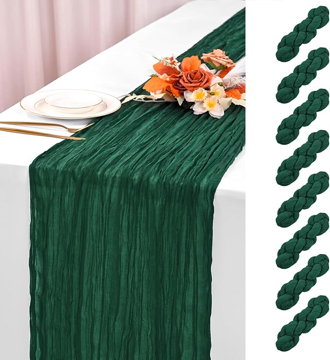 8 Pack Emerald Green Cheesecloth Table Runner 120 Inch 10FT Spring Boho Rustic Sheer Gauze Cheese Cloth Table Runner for Wedding Baby Shower Birthday Party Table Decor