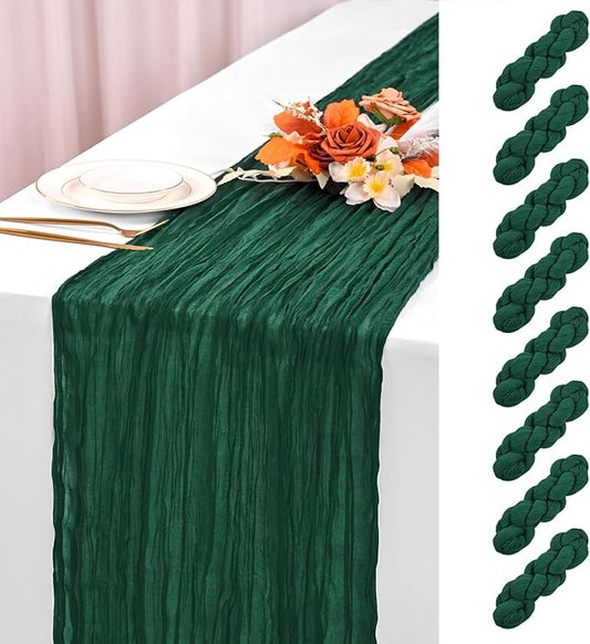 8 Pack Emerald Green Cheesecloth Table Runner 120 Inch 10FT Spring Boho Rustic Sheer Gauze Cheese Cloth Table Runner for Wedding Baby Shower Birthday Party Table Decor