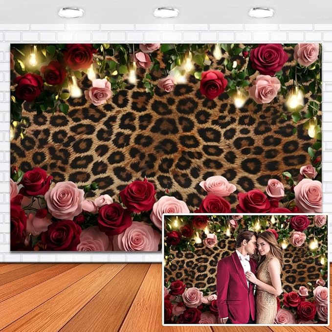 Leopard Print Backdrop Valentines Golden Brown Black Spots Cheetah Prints Background Pink Red Rose Backdrops for Photography Girls Lady Birthday Wedding Party Decorations 10x5ft Vinyl