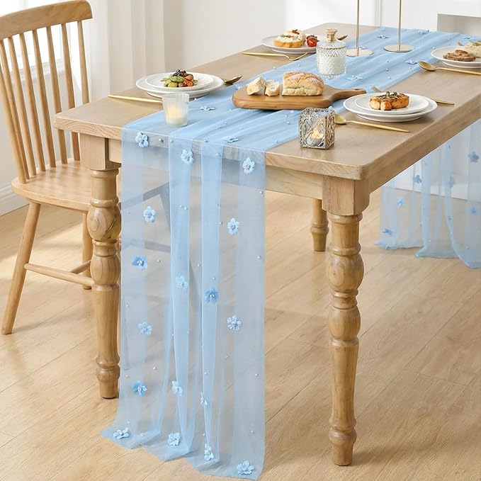 Artoid Mode Blue Flower Pearl Blue Gauze Table Runner 10FT 3PC, Seasonal Sheer Dining Holiday Wedding Birthday Baby Shower Table Decor for Home Party