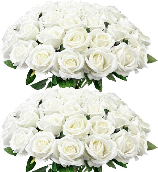 Wondrus Bulk Artificial Flowers 50 PCS, Fake Velvet Silk White Roses with Long Stems Realistic Bouquet for Mother's Day Wedding Centerpieces, Faux Arrangement for Home Table Decor