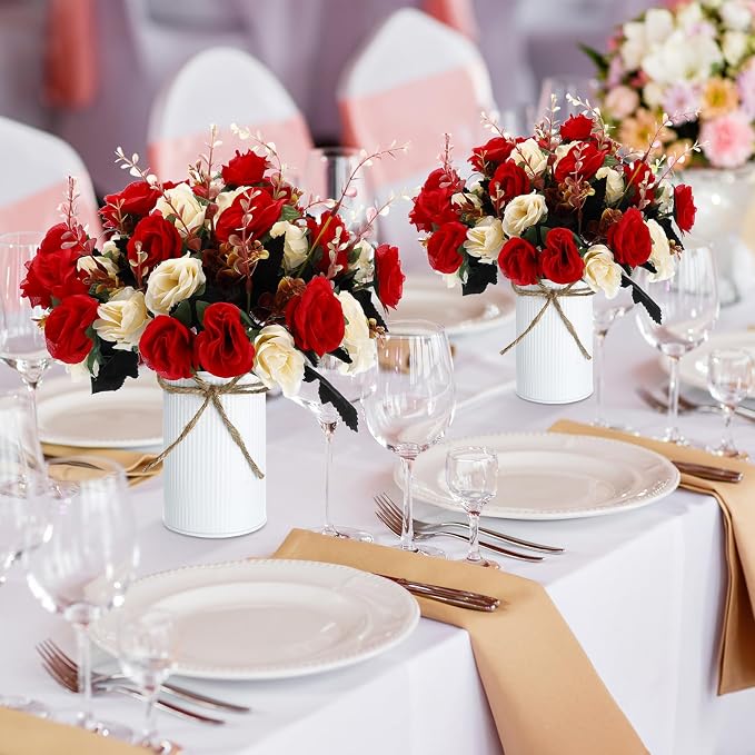 Domensi 12 Sets Wedding Centerpiece for Table Artificial Rose with Vase Fake Bouquets and Metal Pot Flower Arrangements for Bridal Shower Birthday Party Event Table Decor (Red,Champagne)