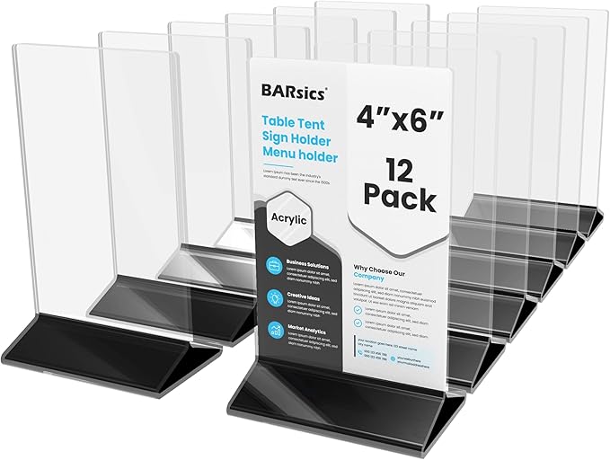 BARsics 4x6 Sturdy Table Tent Menu Holder, Commercial 2-Sided Acrylic Sign Holder (12-Pack)