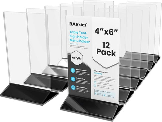 BARsics 4x6 Sturdy Table Tent Menu Holder, Commercial 2-Sided Acrylic Sign Holder (12-Pack)