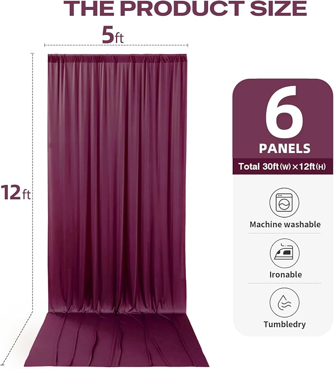 30ftx12ft Burgundy Backdrop Curtains for Parties, Wrinkle Free Polyester Burgundy Photo Backdrop Drapes 6 Panels 12 ft Long Back Drop Cloth for Wedding Birthday Photography Background Party