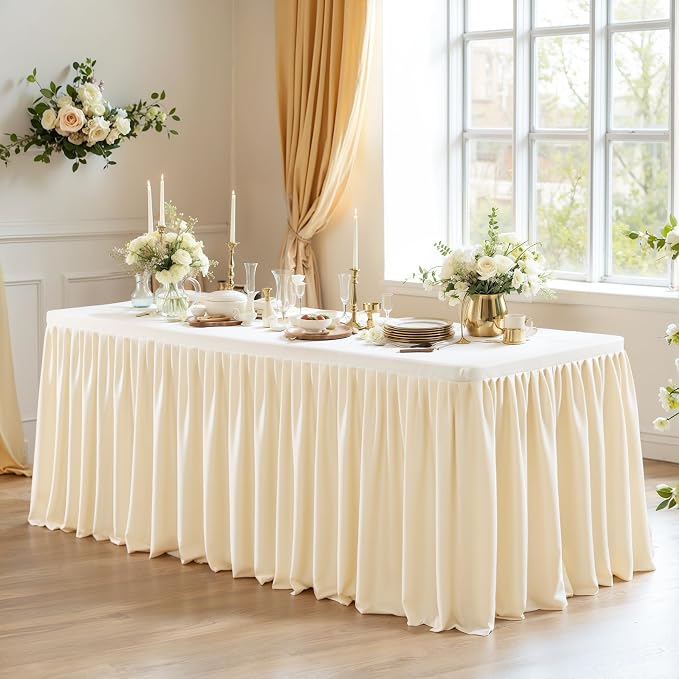 2 Pack Champagne Tablecloths for Rectangle Tables 6ft, Wrinkle Resistant Spandex Tablecover Fitted Stretch Table Cloth with Pleated Ruffle Table Skirts for Party Banquet Dining Birthday Wedding