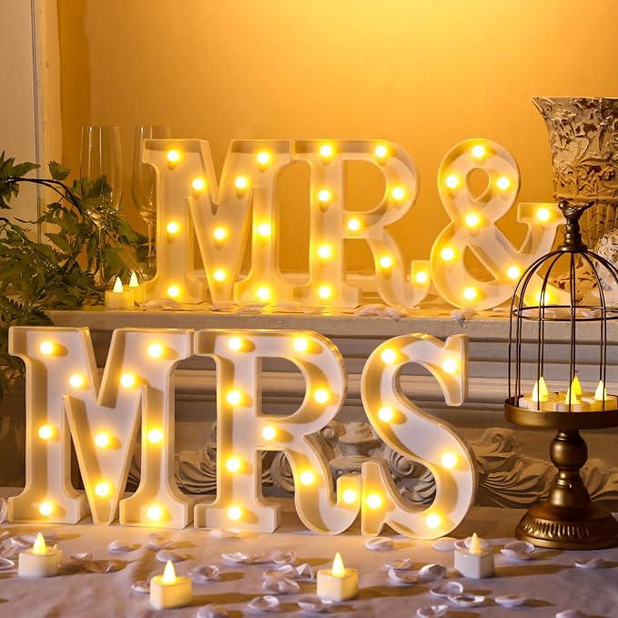 6 Pcs Mr and Mrs LED Light up Sign 8.4 in, 12 Flameless LED Candles 300 Artificial Rose Petals Neon Mr and Mrs Sign for Wedding Table Heart Romantic Candles Light up Letters for Romantic Decor(White)