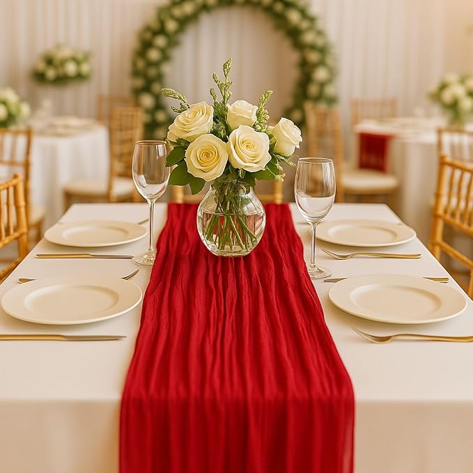6 Pack 10FT Red Cheesecloth Table Runner 120 Inch Rustic Boho Gauze Cheese Cloth Table Runner for Wedding Baby Shower Bridal Shower Birthday Party Home Decorations
