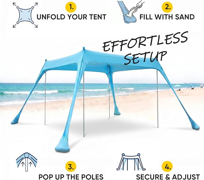 Sekey Aluminum Beach Shade Sun Shelter UPF 50+ - 10x10 FT Portable Beach Canopy with Windproof Rope & Stability Poles, Easy Setup Outdoor Tent for Camping, Backyard, Fishing, Picnics