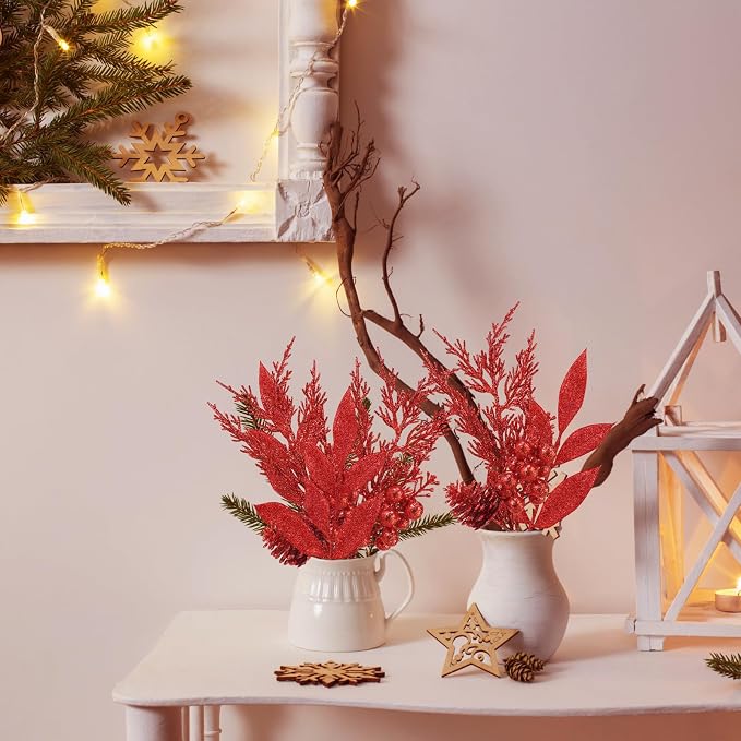 Winlyn 35 Pcs Christmas Artificial Poinsettia Flowers Picks and Artificial Leaves Sprays Red Glitter Christmas Picks for Red Christmas Tree Holiday Floral Arrangement Centerpiece Wreath Garland Décor
