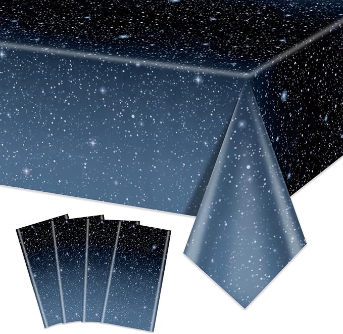 4 Pcs Space Tablecloths, 51 x 86’’Galaxy Explore Theme Plastic Table Cloth Disposable Use for Kids Outer Space Stars Theme Birthday Decorations