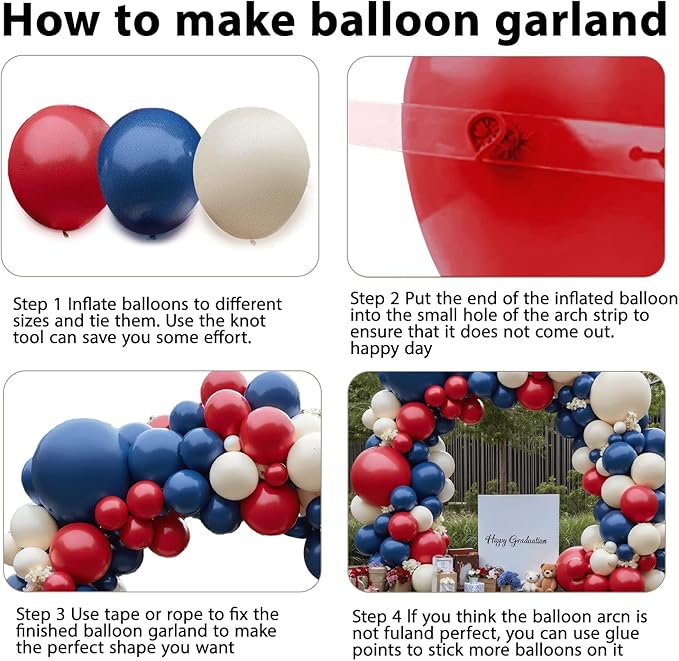 Red White Blue Balloons Arch Kit, Double Stuffed Dark Ruby Red Navy Blue Ivory White Balloons Garland for Patriotic Baseball Graduation Nautical Birthday Party Independence Day Decoration