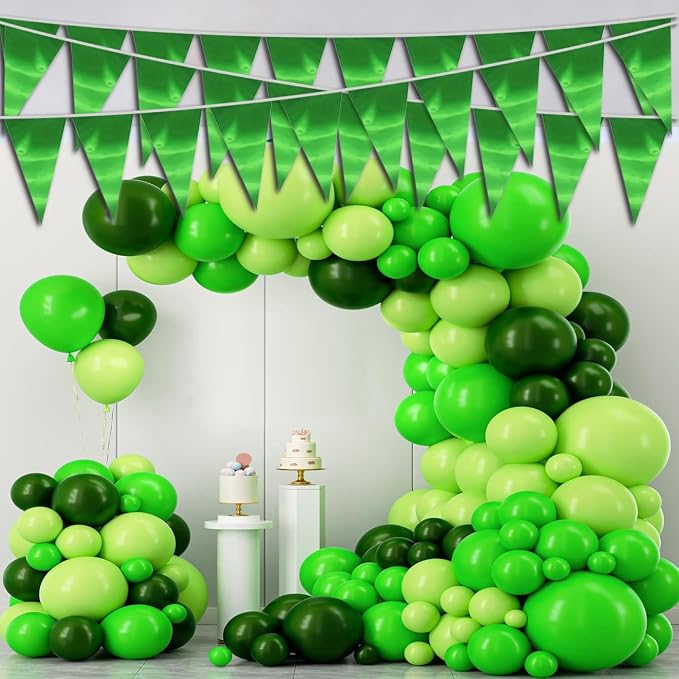 40M/130FT Green Triangle Pennant Banner Flag Metallic Fabric Bunting Garland for Christmas Graduation Safari Birthday Tropical Jungles Wedding Bachelorette Engagement Party Decoration Supplies