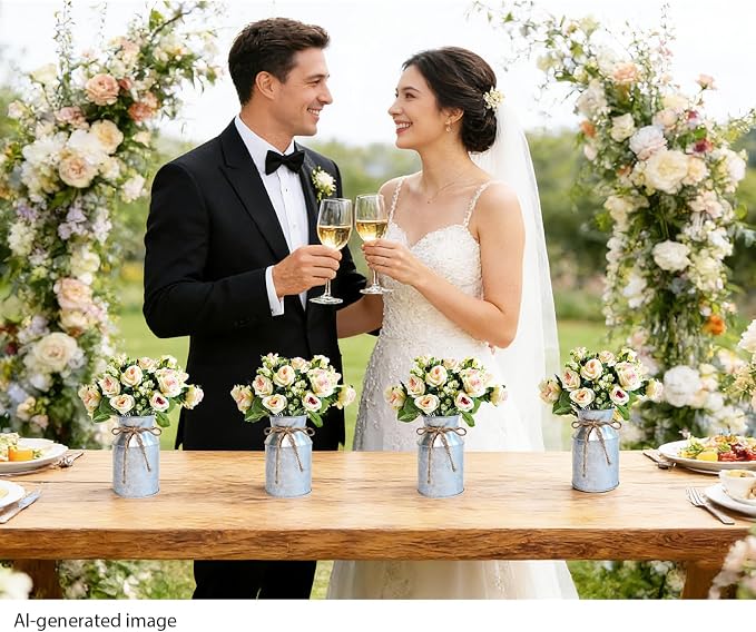 Farmhouse Artificial Rose Flowers with Metal Vase, Set of 6 Fake Rose Arrangements for Table, Faux Bouquets Wedding Centerpiece Decorations, Home Office Flower Decor (Silver Vase & Champaign Roses)