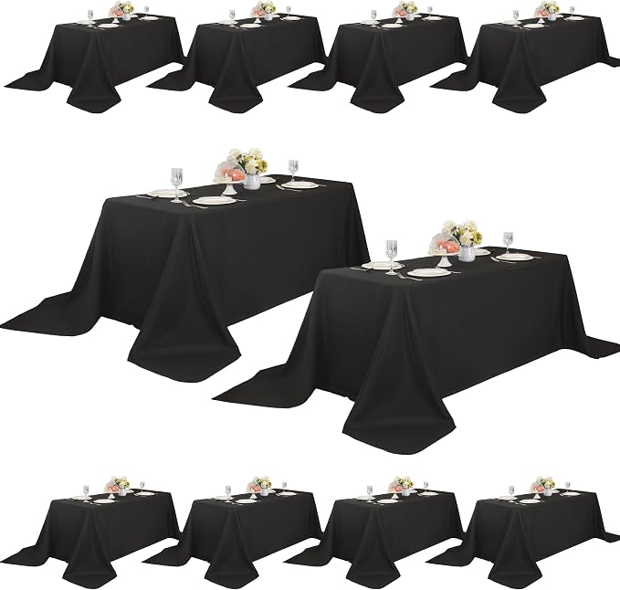 10-Pack 90x132 inch Black Table Cloths, Solid Stain and Wrinkle Resistant Oblong Tablecloth, Premium Plain Weave Polyester Fabric Rectangle Table Linen Covers for Hotel, Wedding