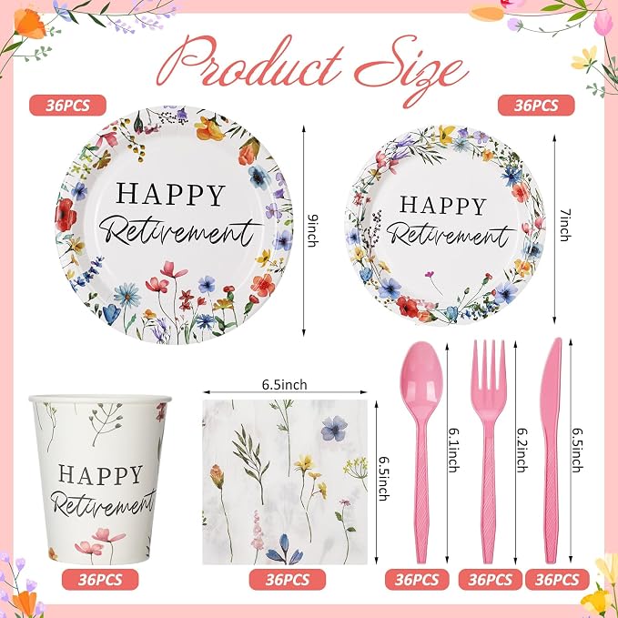 Yungyan 252 Pcs Wildflowers Retirement Party Tableware Set Included Plates Napkins Cups Forks Knives Cutlery for Party Decorations Supplies 36 Guests