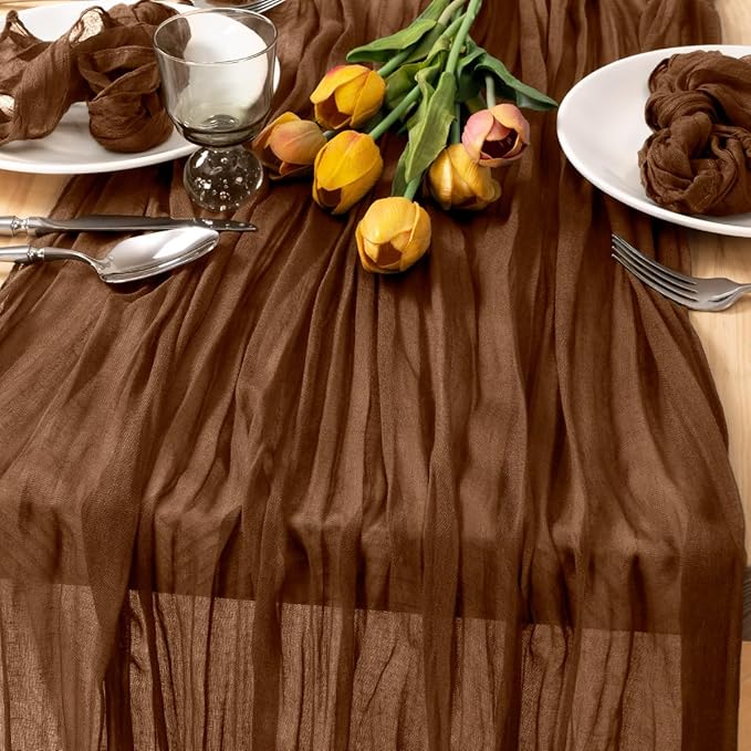 MLMC Brown Cheesecloth Table Runner 10ft Boho Rustic Gauze Coffee Cheese Cloth Table Runner Neutral Centerpiece Decor 35x120 Inches for Wedding Farmhouse Reception Home Decor