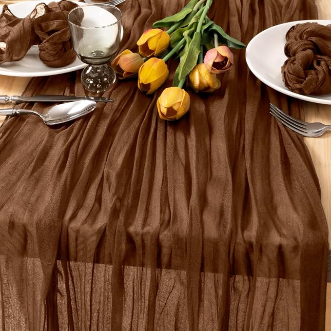 MLMC 6 Pack Brown Table Runner 10ft Boho Rustic Gauze Coffee Cheesecloth Table Runner Neutral Cheese Cloth Table Decor 65x120 Inches for Wedding Bridal Shower Reception Party Decor