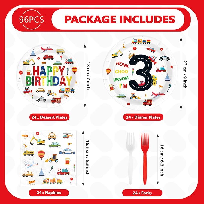 96Pcs 3rd Birthday Cars Party Decorations Transportation Plates and Napkins Tableware Set Car Train Plane Sailboat Tableware Set for Boys 3 Years Old Traffic Theme Party Supplies Serves 24