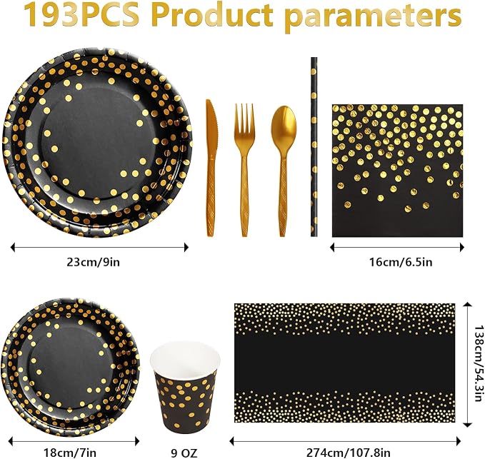 Nkaiso 193 Pcs Black Gold Paper Plates and Napkins Party Supplies Sets Include Black Party Plate Cup Napkin Plastic Cutlery for Baby Shower, Wedding, Birthday Decoration -24 Guest