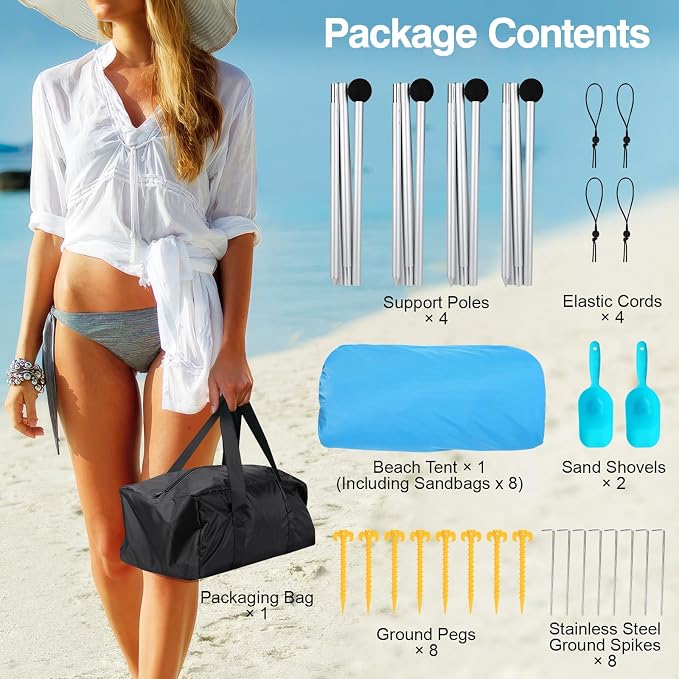 Rhino Valley Beach Tent, 10 x 13 FT Beach Shade UPF50+ Protection, Beach Canopy with 8 Sandbags 4 Stability Poles,Outdoor Beach Tent Sun Shelter Umbrella for Sand,Camping,Fishing Essentials, Sky Blue