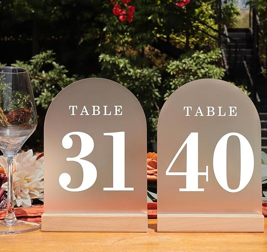 Wedding Table Numbers 31-40, Acrylic Arch Signs with Natural Wood Stands Holders, Rustic Table Decor for Reception & Parties (Frosted White)