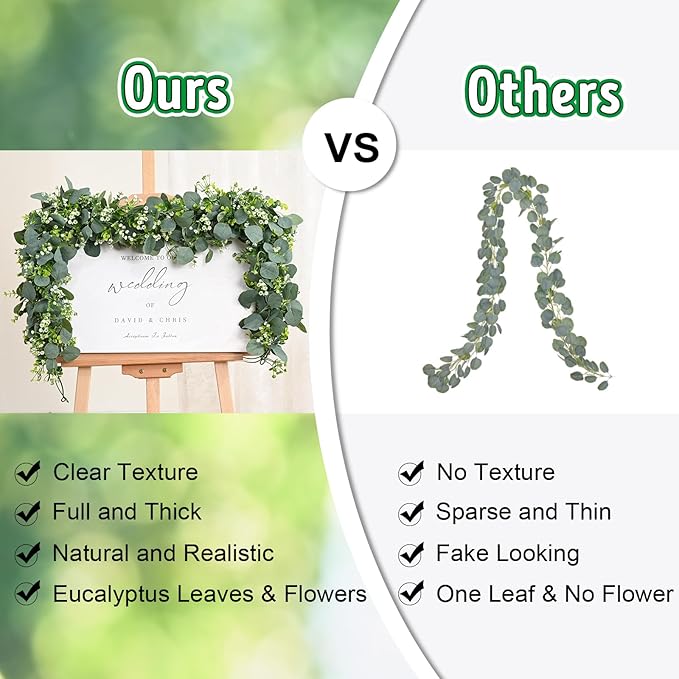 Waipfaru 4Pcs Eucalyptus Garland, 5.9FT Greenery Garland, Green Garland with Flowers, Artificial Faux Silver Dollar Eucalyptus Leaves Vines for Table Home Wedding Mantle Party Indoor Outdoor Decor