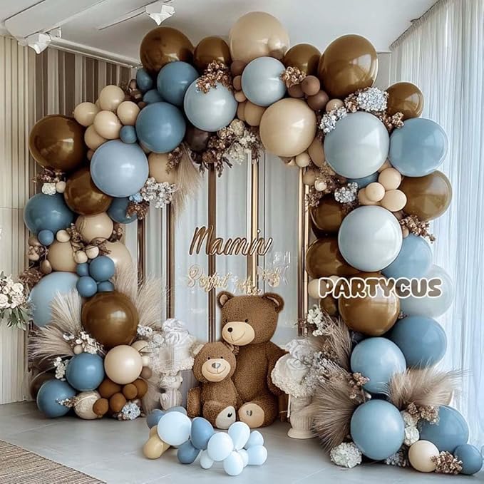 Dusty Blue Brown Balloon Arch Kit Double Stuffed Pastel Baby Blue Dark Brown Tan Coffee White Sand Latex Balloon Garland for Neutral Birthday Bear Western Cowboy Party Decoration