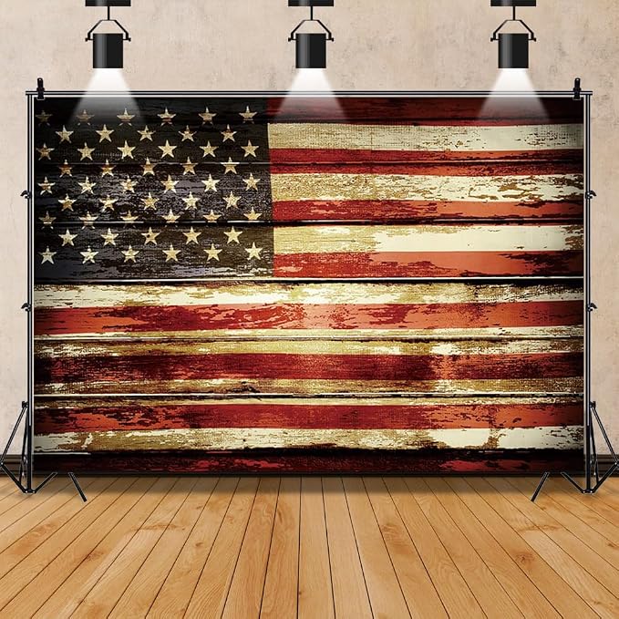 Laeacco 10x8ft Vintage American Flag Backdrop Rustic Wooden Board Happy Independence Day Photography Background for Patriotic Memorial National Day Decoration Veterans Party Banner Photo Booth Props