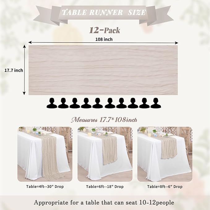 12 Pack Cheesecloth Table Runner,Brown Grey Table Runner Long Romantic Semi Sheer Rustic Boho Gauze Table Runners for Wedding Bridal Shower Birthday Party Decorations(17.7×108 Inch)