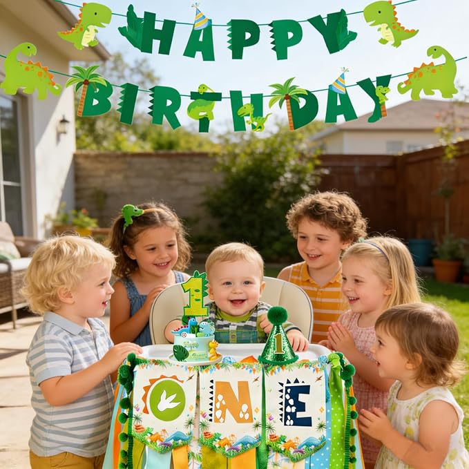 One a Saurus Birthday Decorations-Pre-Strung Happy Birthday Felt Banner Dinosaur 1st Birthday Decorations，Dinosaur Birthday Garland, Highchair Banner for Dino Themed Party Supplies