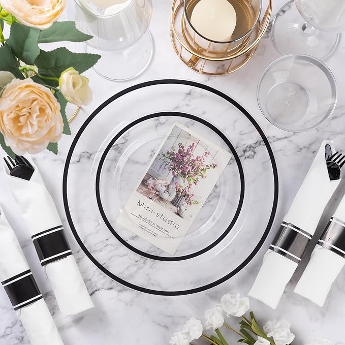 Goodluck 350 Piece Black Plastic Dinnerware Set for Party, Clear Disposable Plates for 50 Guests, Includes 100 Plates, 50 Pre Rolled Napkins with Cutlery Set, 50 Cups, for Graduation Party, Wedding