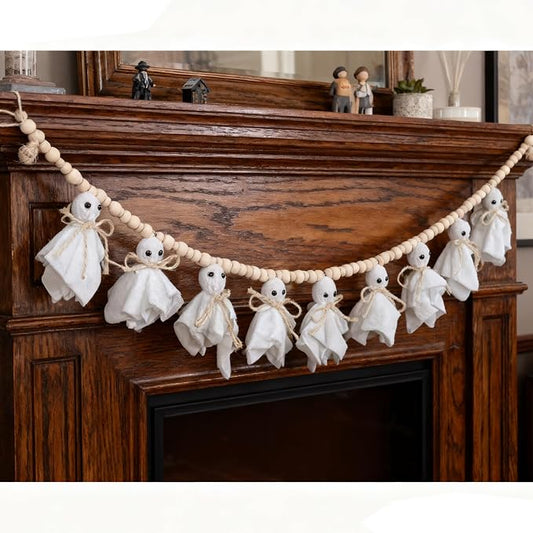 8.5Ft Halloween Ghost Garland with Wooden Beads, Handmade Ghost Banner for Spooky & Cozy Home, Indoor Halloween Decor for Fireplace, Doorways & Outdoor Party