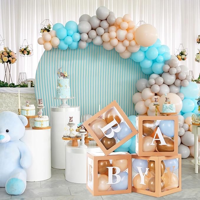 Zhanmai Baby Boxes for Bear Baby Shower Decoration with 4 Letters 36 Balloons 4pcs Transparent Clear Balloon Box Blocks for Boy Girl Balloon Boxes Gender Reveal Party Favors (Brown, Apricot, Blue)