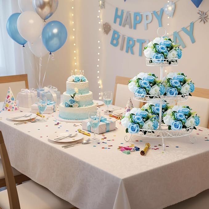 Artificial Flower Centerpieces for Tables: 6pcs of Rose Flower Balls, Flower Kissing Balls, Fake 15-head Plastic Flower Roses with Base for Birthday Party Christmas Home Wedding Decor (Blue White)