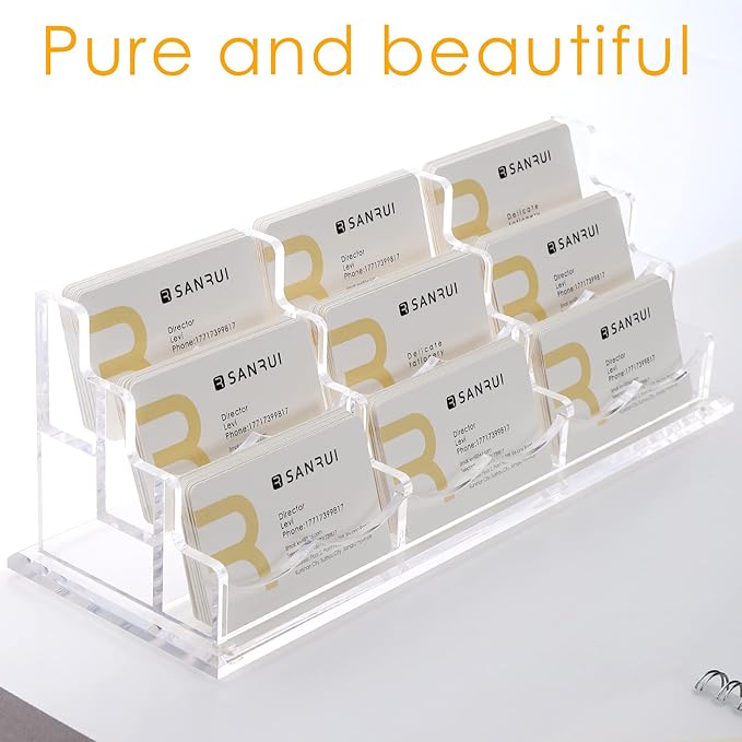 SANRUI Clear Horizontal Business Card Holder Stand for Desk, Acrylic Desktop Display Name Cards Holders Organizer Storage Rack,for Exhibition, Home, Office,3 Tier 9 Pocket, 540 Card Capacity