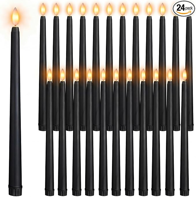 Macarrie 24 Packs Flameless Taper Candles Battery Operated Fake 11 Inch Long Candlelight LED Flameless Candlesticks Flickering Tapered for Summer Fall Wedding(Black)