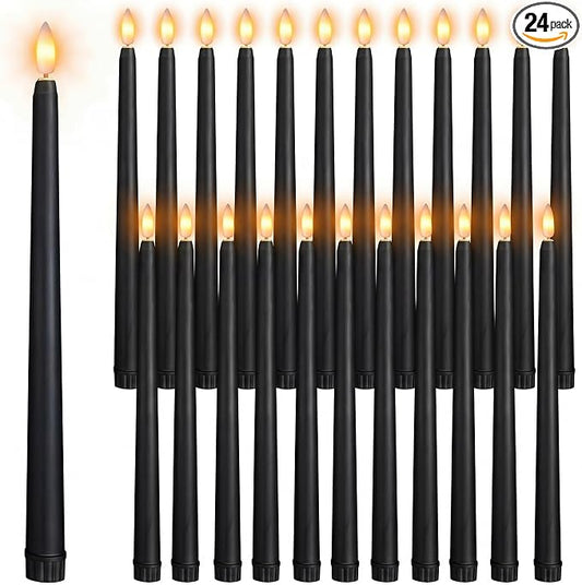 Macarrie 24 Packs Flameless Taper Candles Battery Operated Fake 11 Inch Long Candlelight LED Flameless Candlesticks Flickering Tapered for Summer Fall Wedding(Black)